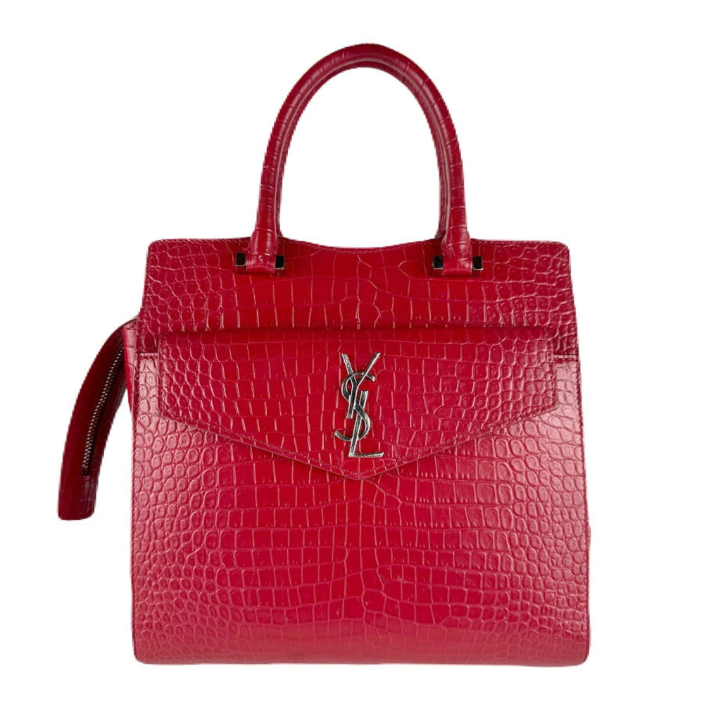 Saint Laurent Uptown 2way Shoulder Bag Embossed Leather Red Silver